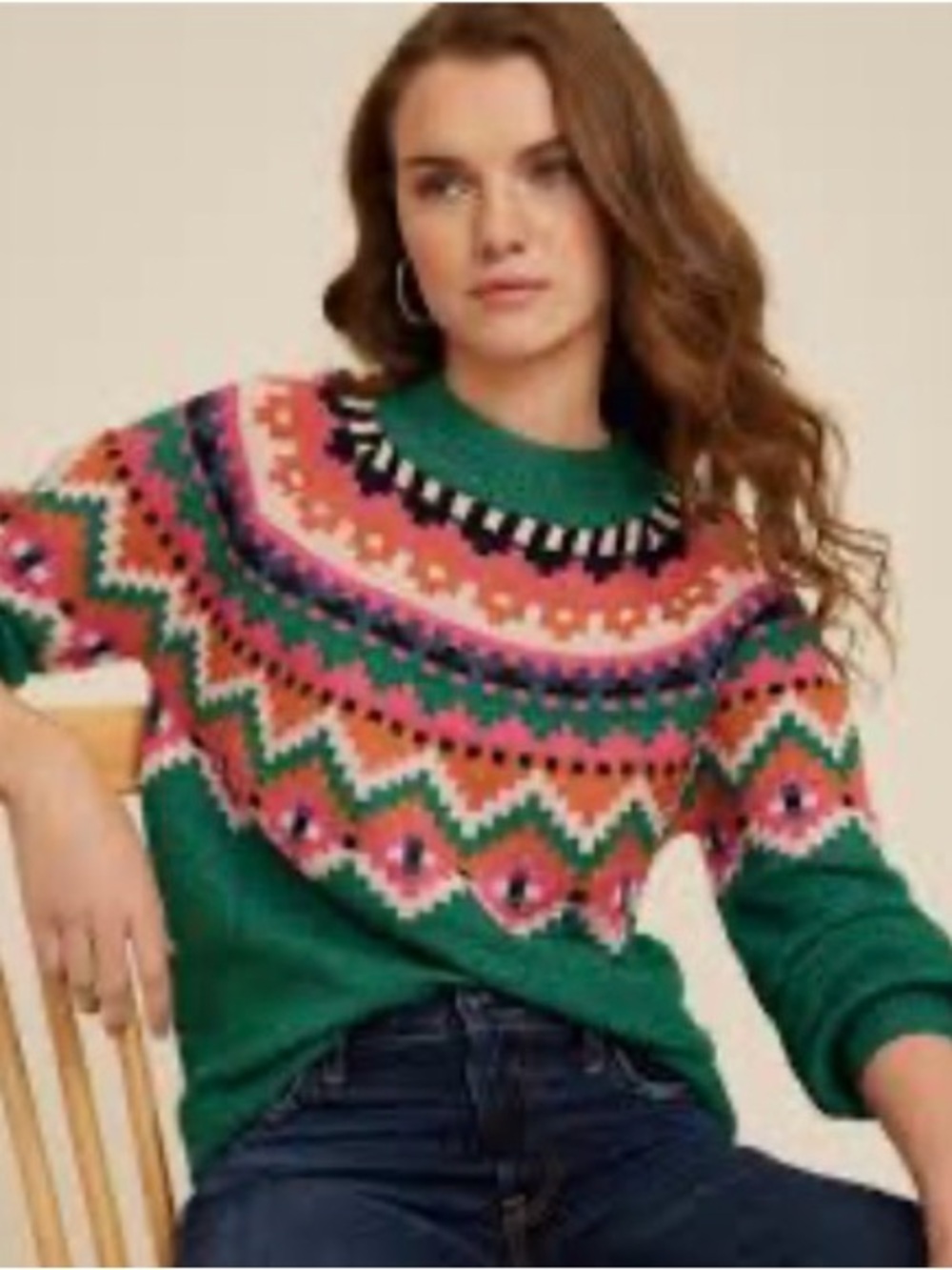 Maurices Green Fair Isle Crewneck Sweater with Pink & Coral Accents XXL